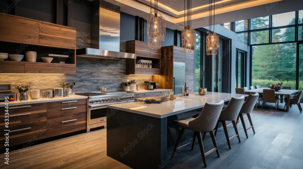 Modern kitchen, black color, large space, with lighting in drawers Generative AI