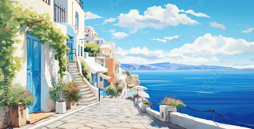 watercolor style detailed street in santorini on the beach