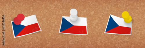 Czech Republic flag pinned in cork board, three versions of Czech Republic flag.
