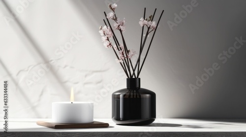 reed stick diffuser aroma oil towel in black stone. Generative AI © Sandris_ua