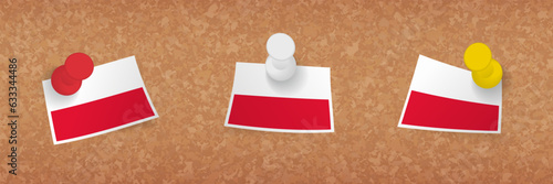 Poland flag pinned in cork board, three versions of Poland flag.