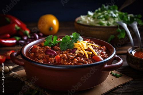 Spicy Chili con Carne with Vibrant Ingredients and Toppings, a fiery and flavorful Mexican dish featuring beef, beans, tomatoes, onions, cheese, and sour cream, served with rice