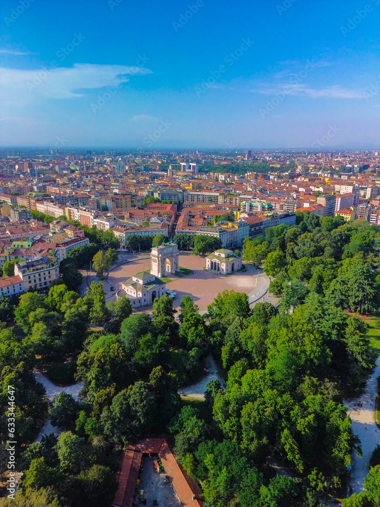Gate Sempione Porta Sempione city gate to Lombardy in the fall. Arch of Peace. Arco della pace. sunny evening in milan city park aerial panorama 4k italy milano city triumphal arch. Sculptures
