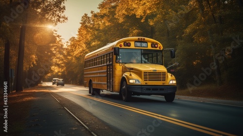 School bus on the road. Back to school. Generative AI