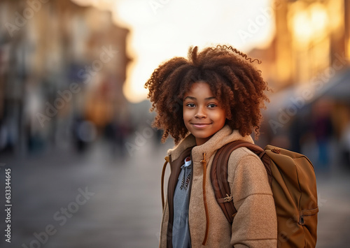 A black girl walking down the street with a backpack on her way back to school