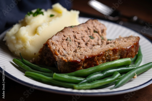Meatloaf, a hearty main dish made with ground beef, pork, and veal, served alongside buttery garlic green beans.