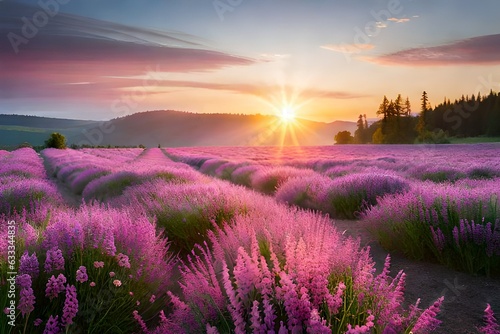 Summer flower meadow wildflower field pink with morning sunlight, Idyllic spring background with blossoming lilac bushes flowers and pink wildflowers on meadow. Pink morning clouds on blue sky over