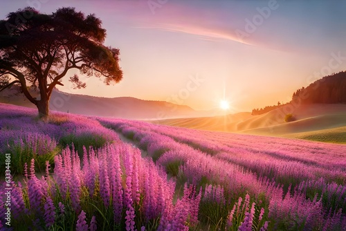 Summer flowers meadow, Ideal spring background with blossoming lilac bushes flowers and pink wildflowers on meadow. 