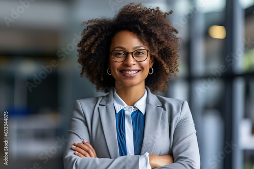 A smiling business afro woman ceo wearing glasses Happy middle aged business woman ceo standing in office with arms crossed. Smiling mature confident professional executive manager, proud lawyer, bus