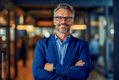 A confident middle aged businessman ceo in a stylish blue suit with a strong and assertive pose and glasses