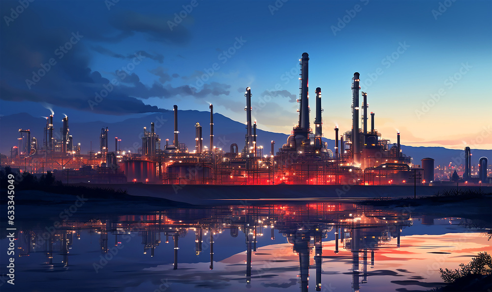 Industrial landscape painting, Oil refinery plant for crude oil industry on desert in evening twilight