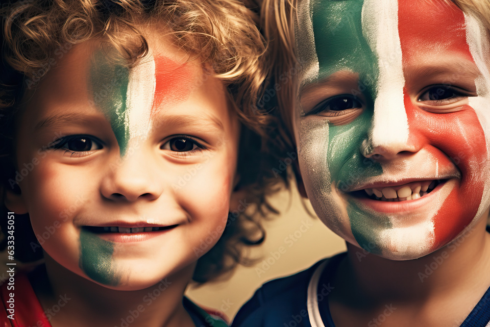 Two young boys with their faces painted in the colors of the Italian flag Two young boys with their faces painted in the colors of the Italian flag