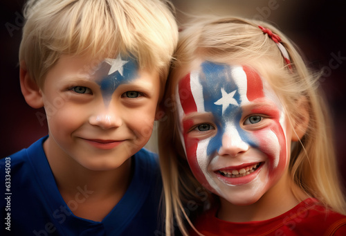 Two young children with their faces painted like the American flag. America. patriotic concept, love for the flag, for the country. freedom. Independence Day.
