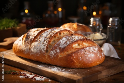 Sourdough bread with crispy crust on wooden shelf Generative AI