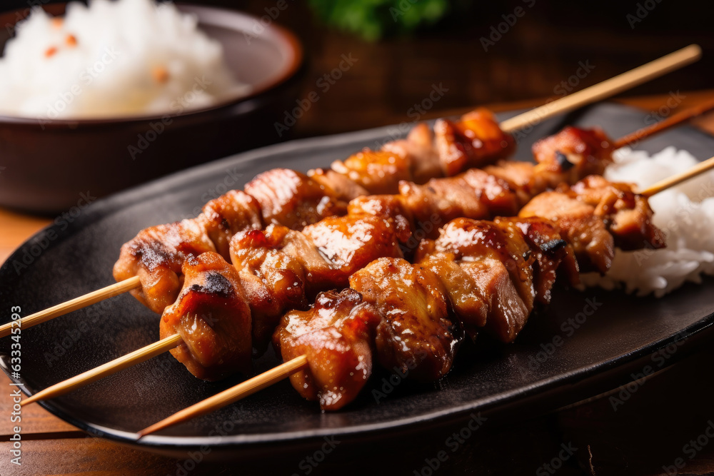 Yakitori skewers with tender chunks of chicken and a tangy teriyaki glaze, served with a side of steaming hot rice, create a mouth-watering close-up that captures the essence of Japanese cuisine