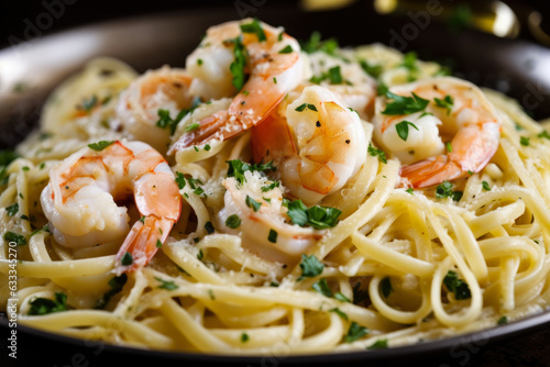 Shrimp scampi, a mouth-watering dish with succulent shrimp, is served on a bed of linguine pasta, topped with a buttery garlic sauce and fresh herbs.