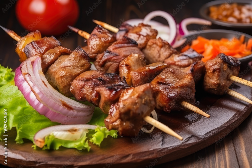Spicy kebab on a skewer with succulent meat, tasty onions, and a mouthwatering Middle Eastern flavor, perfect for outdoor summer dining or a traditional Mediterranean feast.