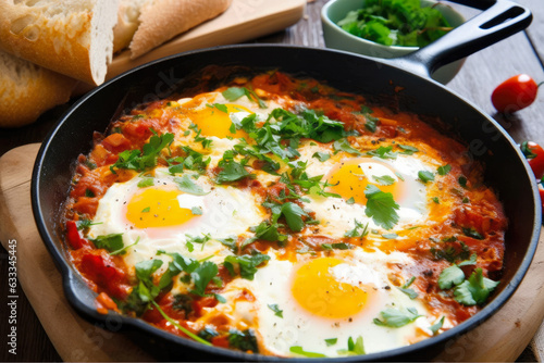 Spicy Shakshuka with Fresh Herbs, Crusty Bread: A Hearty Mediterranean Breakfast in a Cast Iron Skillet for Foodies.