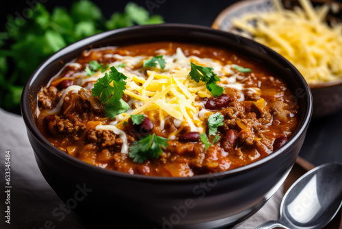 Chili con carne, spicy and comforting Tex-Mex delight topped with melted cheese, onions, and cilantro leaves in a steaming hot bowl.