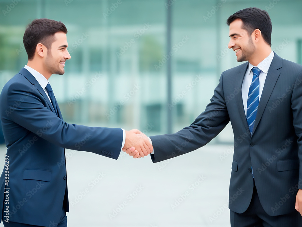 business people shaking hands in front of office building business people shaking hands in front of office building