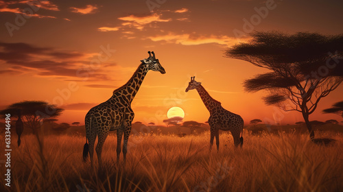 Giraffe on savanna with sunset. Generative AI © Sewupari Studio