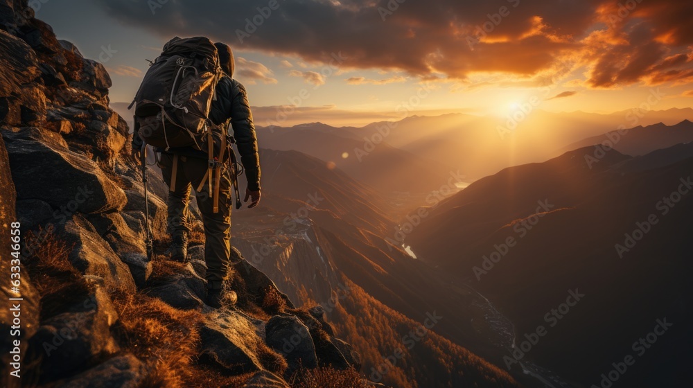 Fototapeta premium Soaring High Adventurous Man Preparing to Paraglide with Parachute Bag on His Back