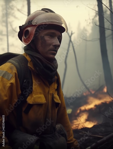Brave firefighter battling a raging forest fire. A firefighter standing in front of a forest filled with fire © Vadim