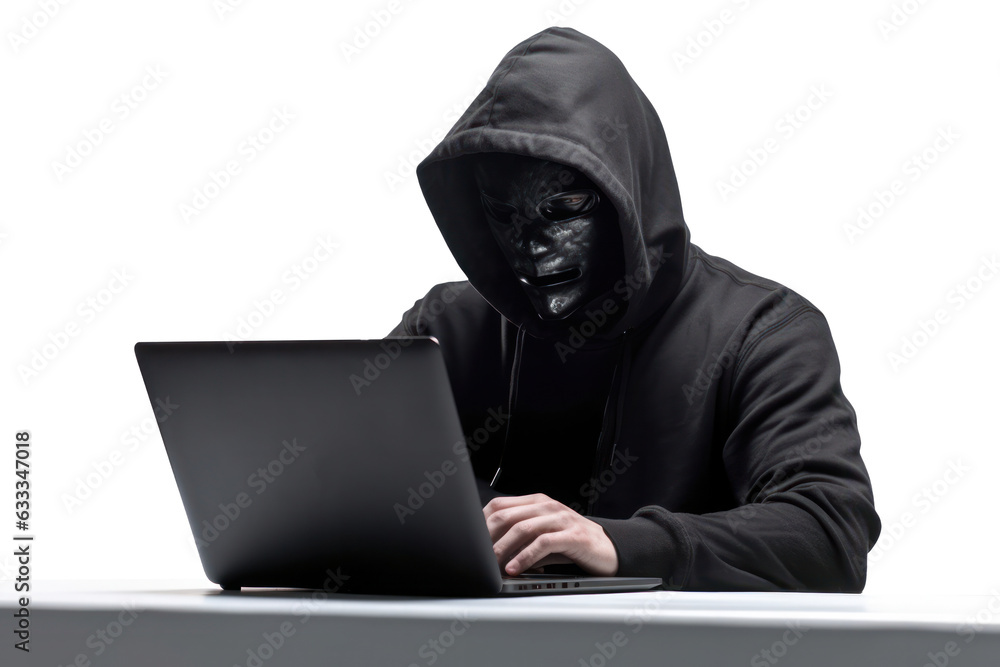A hacker in black hoodie is working on his laptop on a white desk. A hacker in black hoodie is working on his laptop on a white desk.