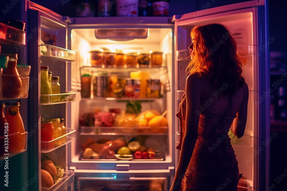 Woman standing in front of an open fridge, looking for a midnight snack..Ai generated
Woman standing in front of an open fridge, looking for a midnight snack..Ai generated