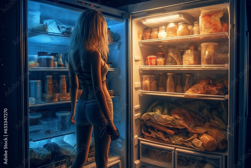 Woman standing in front of an open fridge, looking for a midnight snack..Ai generated
Woman standing in front of an open fridge, looking for a midnight snack..Ai generated
