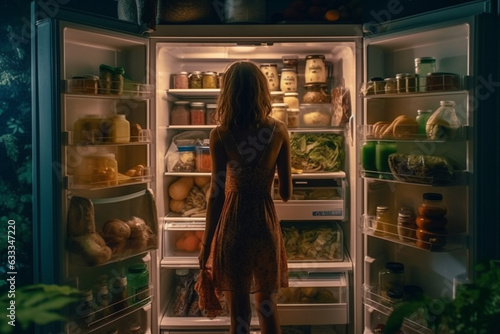 Woman standing in front of an open fridge, looking for a midnight snack..Ai generated 