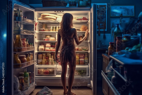 Woman standing in front of an open fridge, looking for a midnight snack..Ai generated 