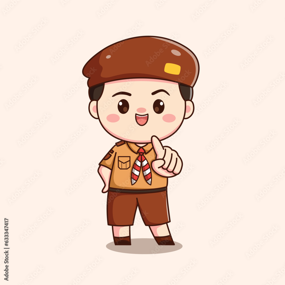 indonesian scout boy with pointing finger cute kawaii chibi character illustration