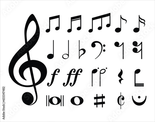 Musical symbols and stave. Collection of music note symbols. Collection of a musical notes.  photo
