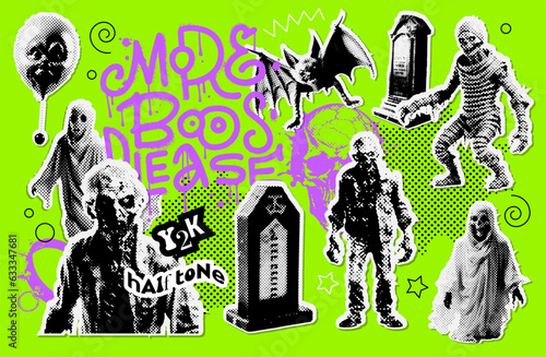 Set of halftone illustrations for Halloween decoration in retro offset style. Big collection with realistic characters- zombie, mummy, ghost, bat. 90s vector illustration.