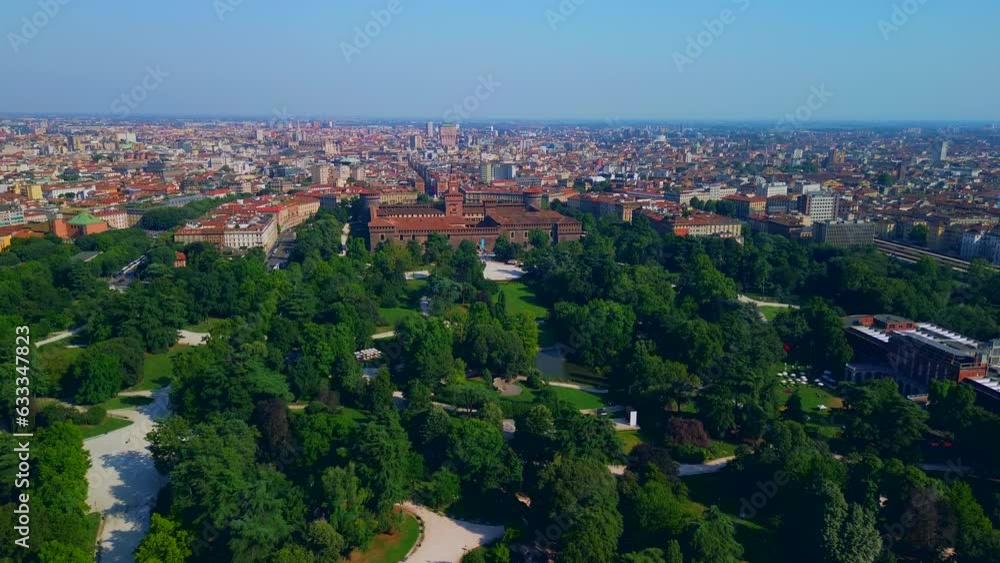 Aerial view of autumn trees in the sempione park near the Castello Sforzesco castle. roofs. View of the medieval castle at sunset. Ecology. Milan. Italy Aerial view of autumn trees in the sempione park near the Castello Sforzesco castle. roofs. View of the medieval castle at sunset. Ecology. Milan. Italy