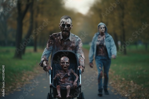 Zombie family walks with a baby stroller in the park. Scary Halloween concept Generative AI
