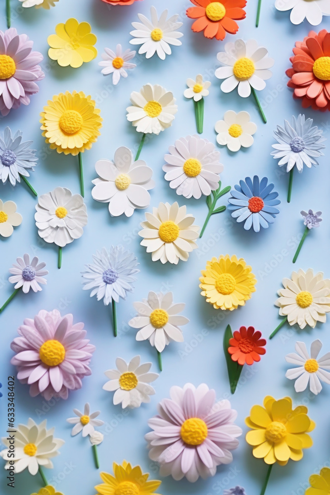 variety of flowers on a blue background. daisies and spring buds. texture, wallpaper. flat lay, overhead view