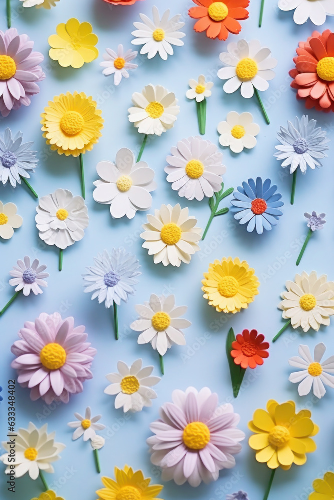 variety of flowers on a blue background. daisies and spring buds. texture, wallpaper. flat lay, overhead view variety of flowers on a blue background. daisies and spring buds. texture, wallpaper. flat lay, overhead view