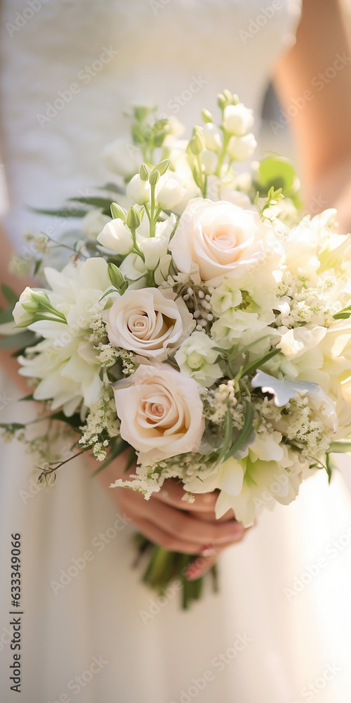 Close-up of bride holding wedding flowers bouquet