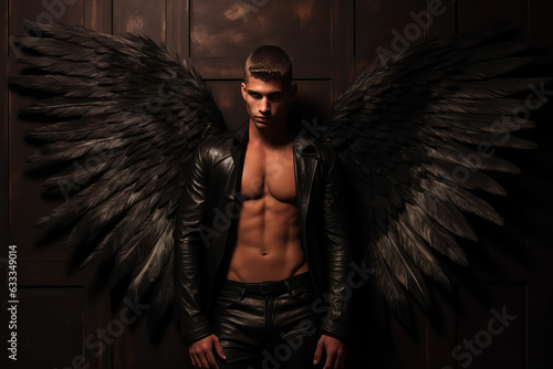 beautiful man with black angel wings  ai generated
