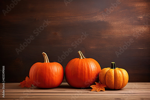 pumpkins on wooden table with wooden background, ai generated