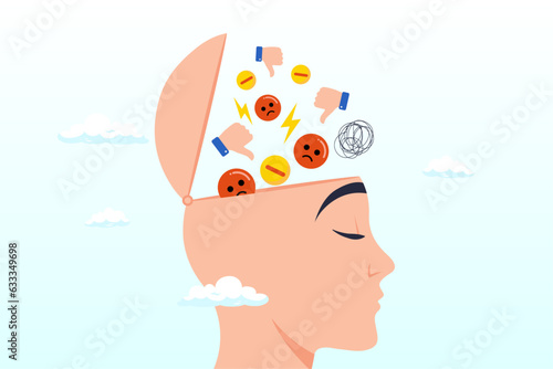 Human open head with negative symbol, thumb down, anger and chaos, negative thinking bad attitude cause of failure or fear, depression and sadness, emotional or mental problem, stress anxiety (Vector)