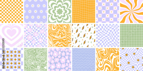 Vector Groovy seamless patterns and backgrounds. Set of vector backgrounds in trendy retro trippy y2k style. Lilac and green colors. Fun hippie texture for surface design.
