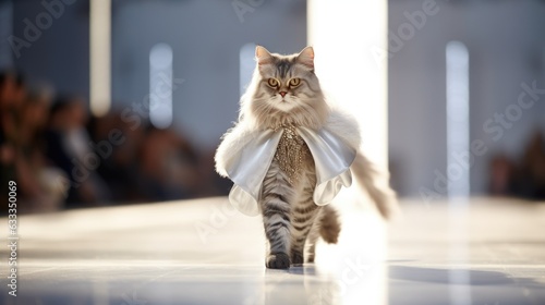 A cat fashion model strutting down a runway. Generative AI