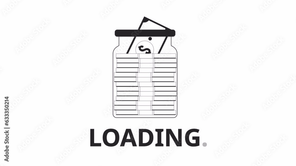 Growing cash jar bw loading animation. Saving banknotes in glassware ...
