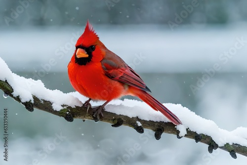 Close up of one vibrant saturated red northern cardinal bird sitting perched on tree branch during heavy winter snow © Pretty Panda
