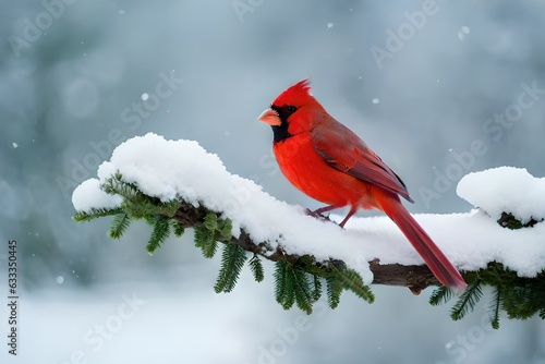 Close up of one vibrant saturated red northern cardinal bird sitting perched on tree branch during heavy winter snow