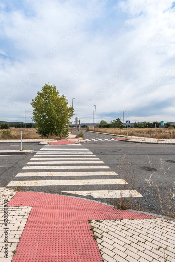 Obraz premium Abandoned street with a tree and a crosswalk with red tiles , against a blue overcast sky