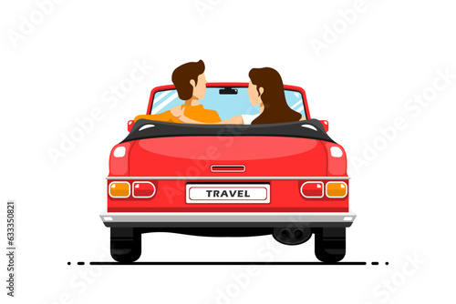 Back view, Couple human in personal classic car on isolated background, Vector illustration.